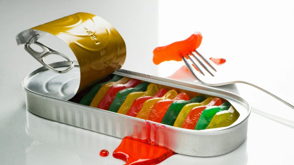A tin filled with gummy fish instead of real sardines.